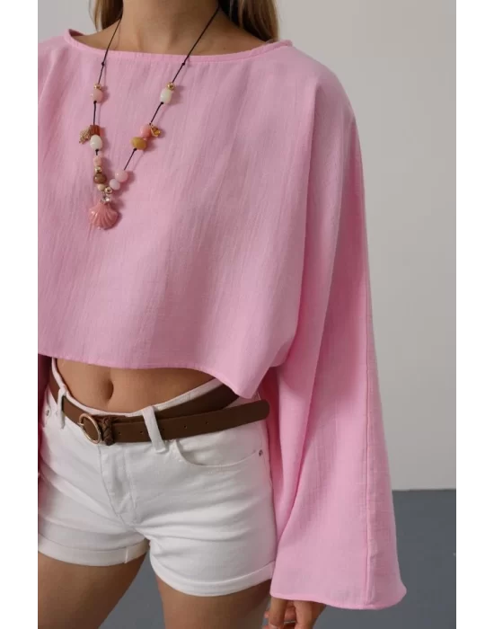 YARASA KOLLU CROP BLUZ - Pembe