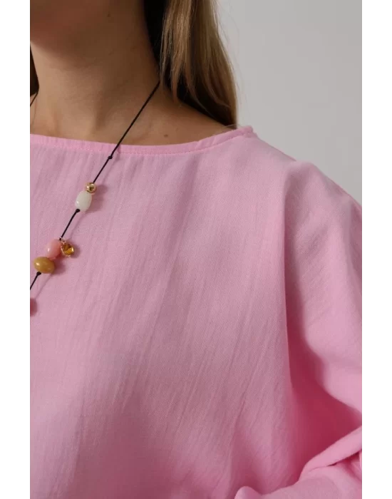 YARASA KOLLU CROP BLUZ - Pembe