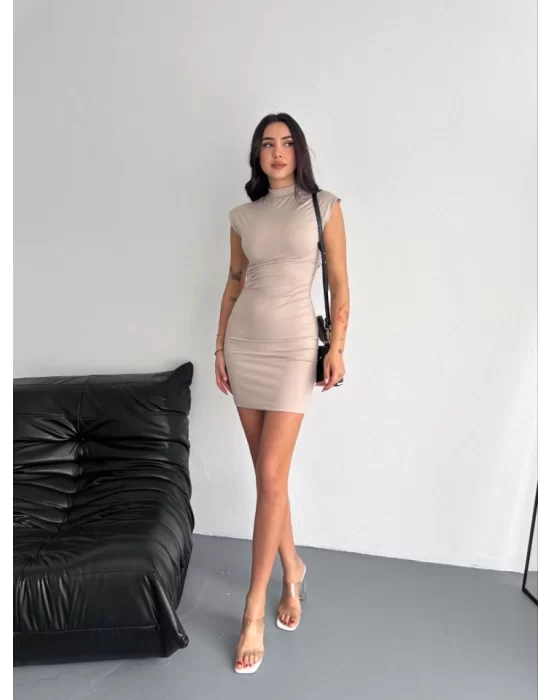 Yarım Bogazlı Kolsuz Mini Boy Elbise - Bej