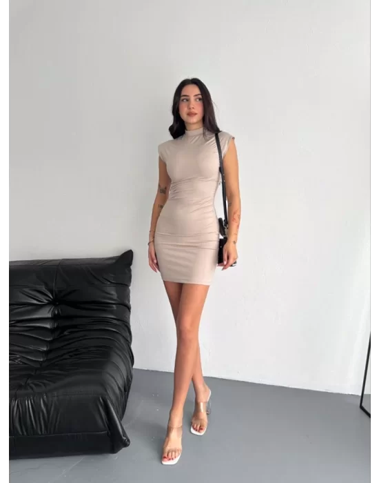 Yarım Bogazlı Kolsuz Mini Boy Elbise - Bej