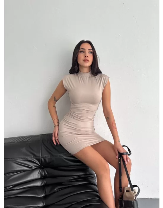 Yarım Bogazlı Kolsuz Mini Boy Elbise - Bej