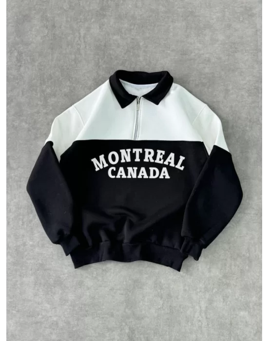 Yarım Fermuarlı Parçalı Yakalı SweatShirt - Siyah