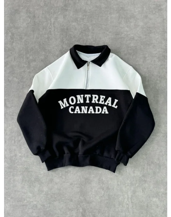 Yarım Fermuarlı Parçalı Yakalı SweatShirt - Siyah
