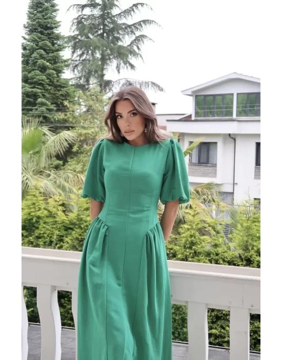 Mavi Arkadan Bağlamalı Büzgülü Keten Elbise