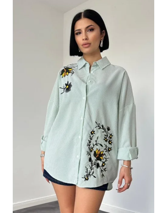 Yeşil Klasik Bedensiz Çizgili Poplin Nakışlı Gömlek