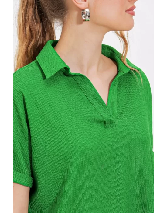 Yeşil Oversize Polo Yaka Örme Bluz 0486
