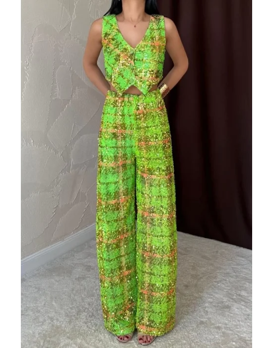 Yeşil Pullu Yelek Ve Pantolon Takım