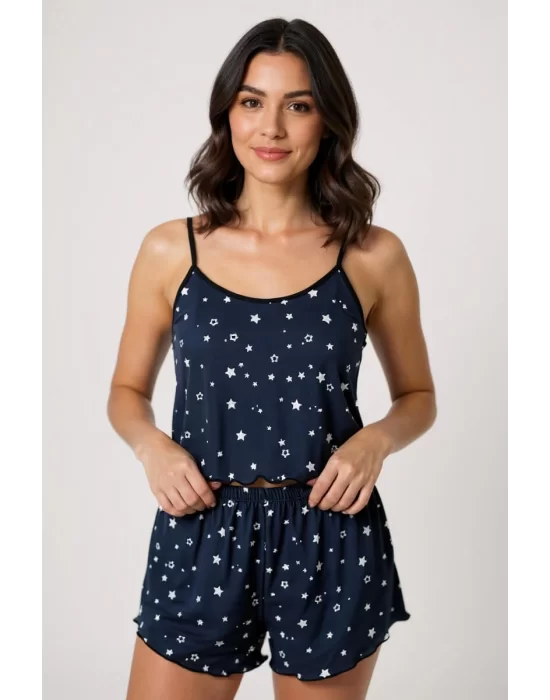 Yıldız Desenli Lacivert Şortlu Pijama Takımı