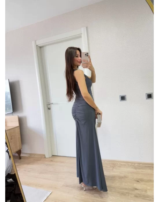 Yırtmaç Detaylı Kolsuz Elbise - Füme