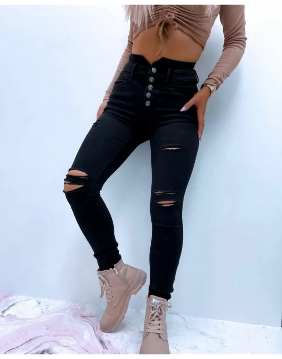 Yüksek Bel Düğme Ve Yırtık Detaylı Kot Pantolon Jean 92cm