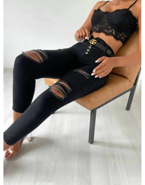 Yüksek Bel Düğme Ve Yırtık Detaylı Kot Pantolon Jean 92cm