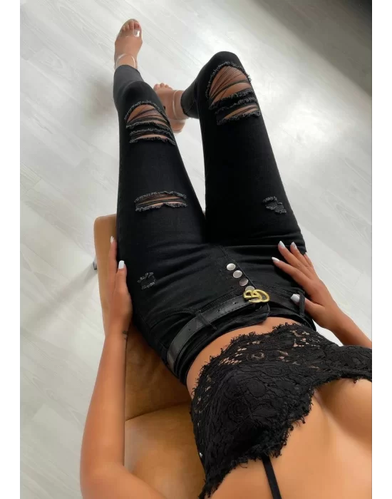 Yüksek Bel Düğme Ve Yırtık Detaylı Kot Pantolon Jean 92cm