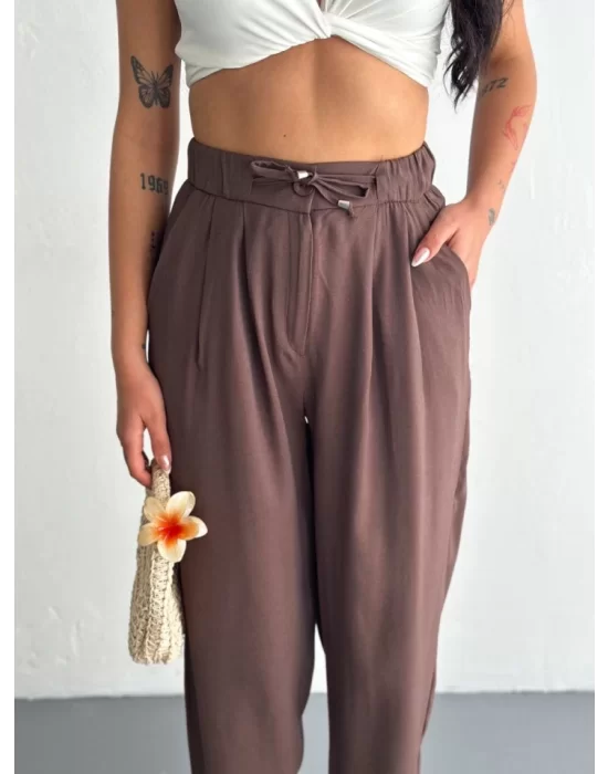 Yüksel Bel Rahat Paça Pantalon - Kahverengi