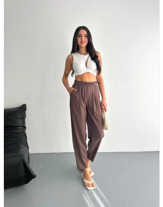 Yüksel Bel Rahat Paça Pantalon - Kahverengi