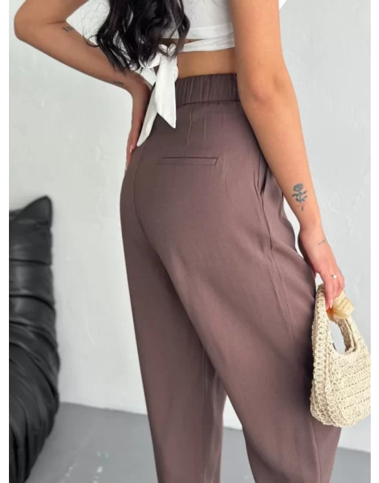 Yüksel Bel Rahat Paça Pantalon - Kahverengi