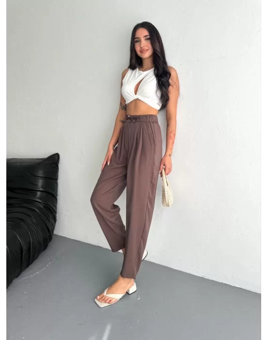 Yüksel Bel Rahat Paça Pantalon - Kahverengi