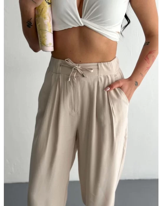 Yüksel Bel Rahat Paça Pantalon - Kırık Beyaz