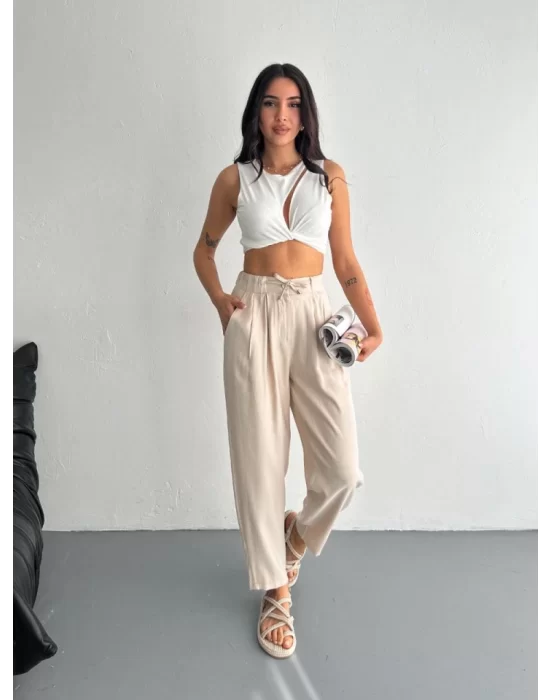 Yüksel Bel Rahat Paça Pantalon - Kırık Beyaz