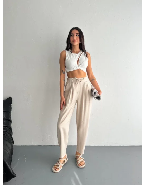 Yüksel Bel Rahat Paça Pantalon - Kırık Beyaz
