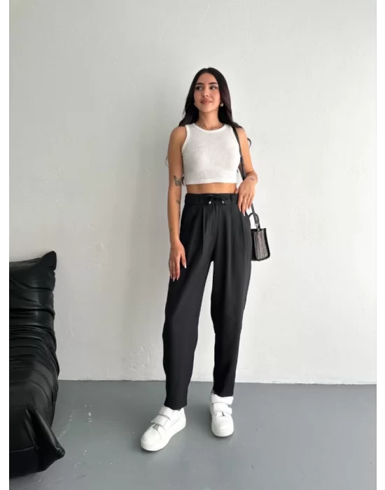 Yüksel Bel Rahat Paça Pantalon - Siyah