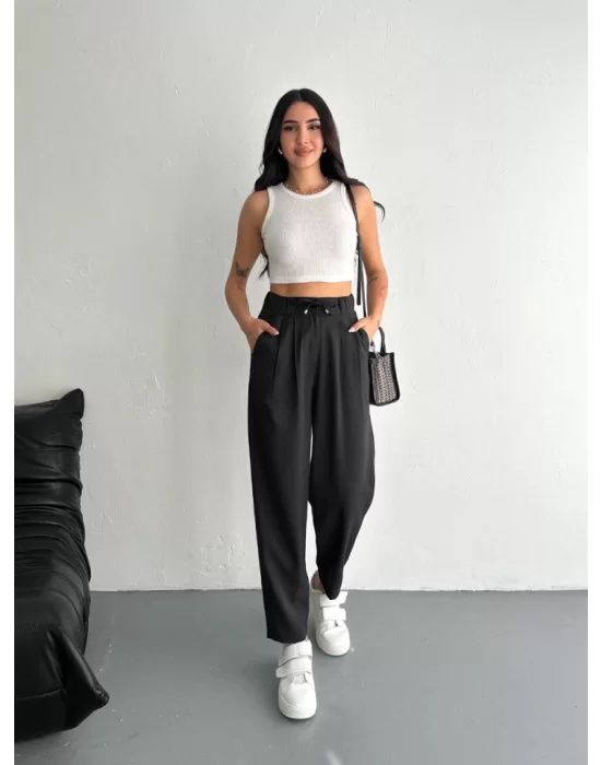 Yüksel Bel Rahat Paça Pantalon - Siyah