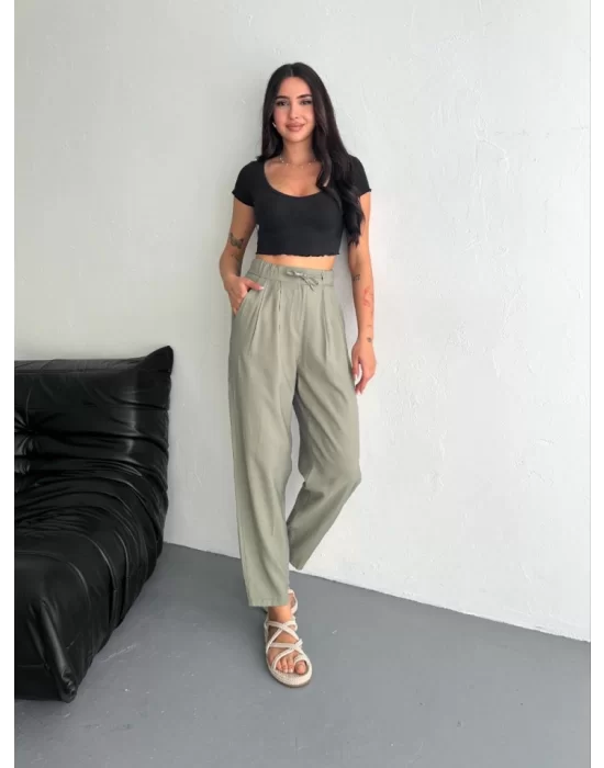 Yüksel Bel Rahat Paça Pantalon - Su Yeşili