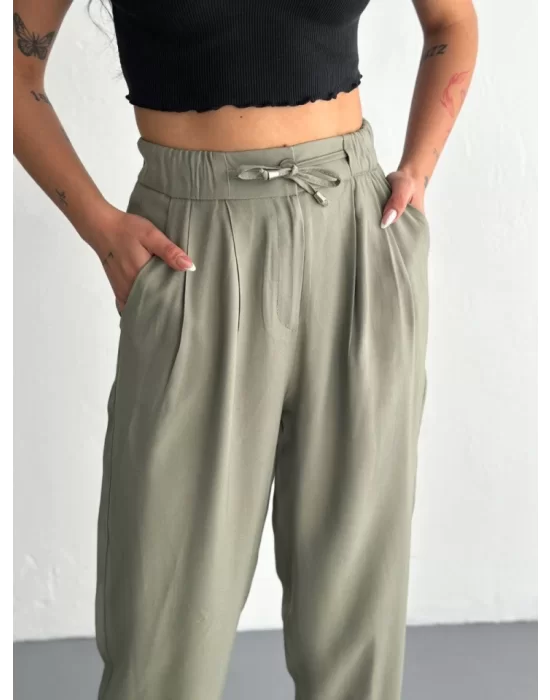 Yüksel Bel Rahat Paça Pantalon - Su Yeşili