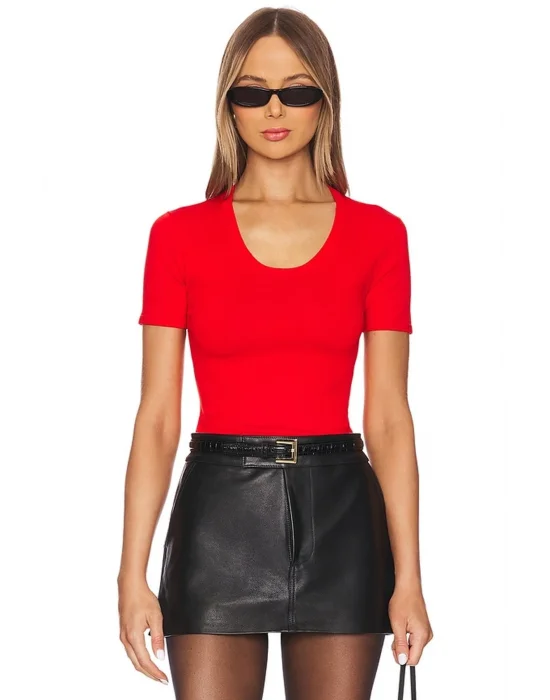 MetuCa Kadın Kırmızı U Yaka Kısa Kollu Jarse Kumaş Vücudu Saran Tanga Kesim Bodysuit Zıbın