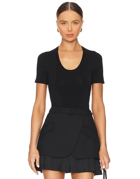 MetuCa Kadın Siyah U Yaka Kısa Kollu Jarse Kumaş Vücudu Saran Tanga Kesim Bodysuit Zıbın