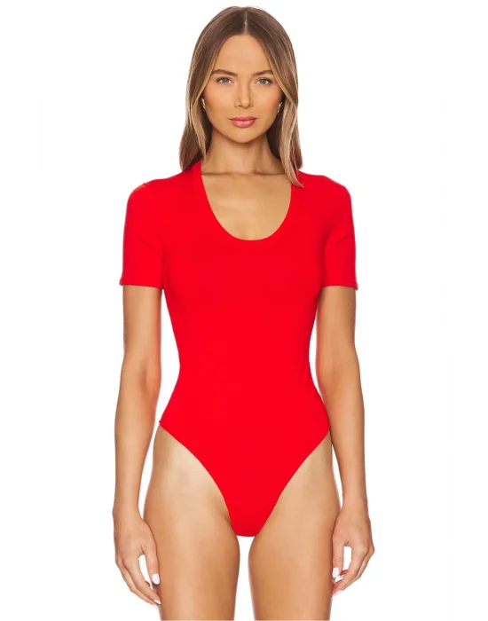 MetuCa Kadın Kırmızı U Yaka Kısa Kollu Jarse Kumaş Vücudu Saran Tanga Kesim Bodysuit Zıbın