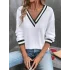 MetuCa Kadın Beyaz Çizgili V Yaka Düşük Omuz Uzun Kollu Waffle Kumaş Kazak Bluz