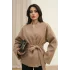 Kadın Bej Kuşaklı Şal Yaka Oversize Düşük Omuzlu Kısa Kaşe Kaban Ceket