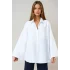 Kadın Beyaz Oversize Geniş Kollu Tek Cepli Uzun Keten Gömlek