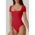Kadın Kırmızı Çift Katlı Sandy Kumaş Kare Yaka Kısa Kol Çıtçıtlı Tanga Bodysuit