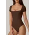 Kadın Acı Kahve Çift Katlı Sandy Kumaş Kare Yaka Kısa Kol Çıtçıtlı Tanga Bodysuit