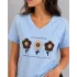 Kadın Mavi V Yaka %100 Pamuklu Boncuk Nakış İşlemeli T-Shirt Çiçekli