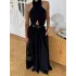 Kadın Siyah Ayrobin Boyundan Bağlamalı Sırt ve Göğüs Dekolteli Kemerli Geniş Paça Tulum