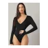 Kadın Siyah Derin V Yaka Kolsuz Düz Çift Katlı Tanga Bodysuit