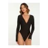 Kadın Siyah V Yaka Uzun Kollu El Geçirmeli Çift Katlı Basic Bodysuit