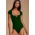 MetuCa Kadın Yeşil V Detaylı Kare Yaka Kısa Kollu Jarse Kumaş Tanga Kesim Bodysuit Zıbın