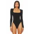 Kadın Siyah Çift Katlı Sandy Kare Yaka Uzun Kol Drapeli Çıtçıtlı Tanga Bodysuit