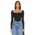 Kadın Siyah Çift Katlı Sandy Kumaş Kare Yaka Uzun Kol Çıtçıtlı Tanga Bodysuit
