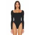 Kadın Siyah Çift Katlı Sandy Kumaş Kare Yaka Uzun Kol Çıtçıtlı Tanga Bodysuit