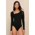 Kadın Siyah Çift Katlı Sandy Kumaş Asimetrik Yaka Uzun Kol Çıtçıtlı Tanga Bodysuit