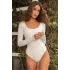 Kadın Beyaz U Yaka Uzun Kollu Tanga Kesim Sandy Kumaş Bodysuit