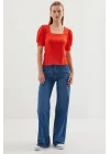0409 Kare Yaka Örme Bluz - Oranje