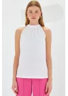 0489 Halter Yaka Örme Bluz - Beyaz