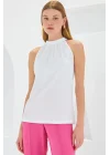 0489 Halter Yaka Örme Bluz - Beyaz