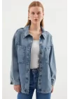 0694 Çift Cepli Oversize Denim Ceket - Buz Mavi