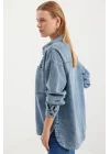 0694 Çift Cepli Oversize Denim Ceket - Buz Mavi